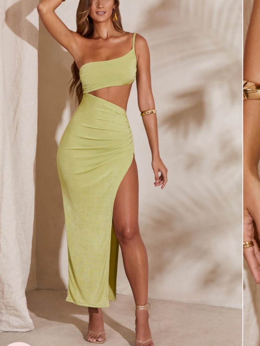 Oh Polly Ishtar One-Shoulder Lime Cutout Midi/Maxi Dress